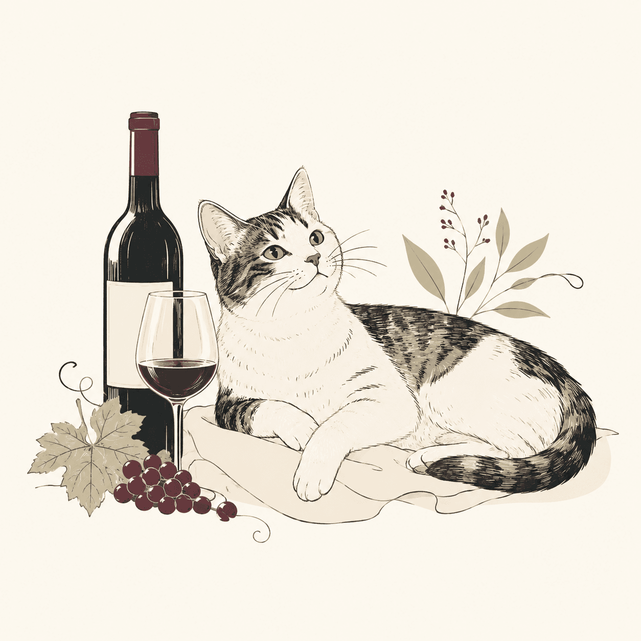 Illustrated cat lounging beside a glass of red wine