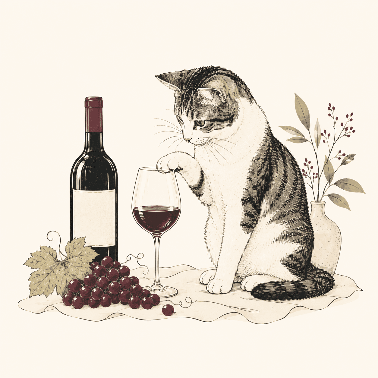 Illustrated cat reaching for a glass of red wine on a table